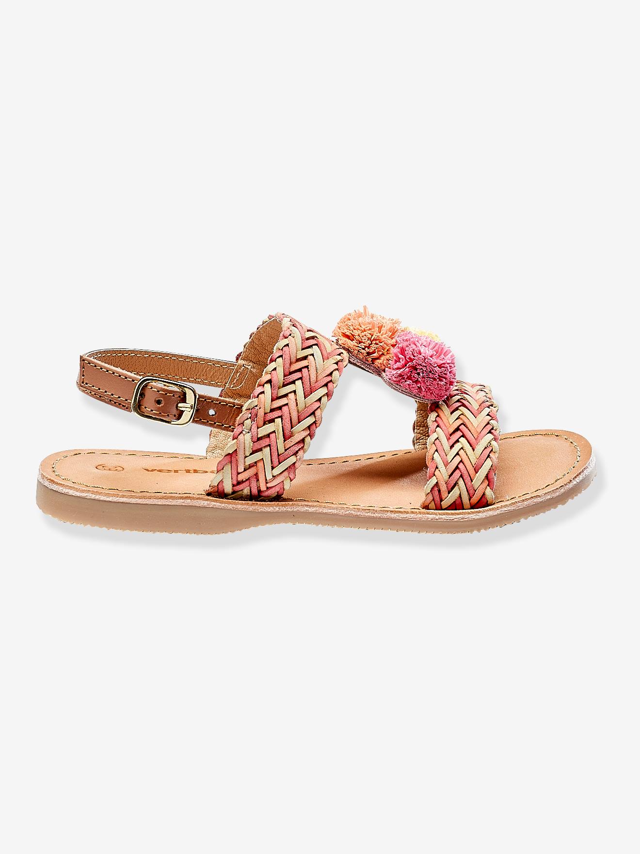 Sandales en cuir fille avec pompons rose