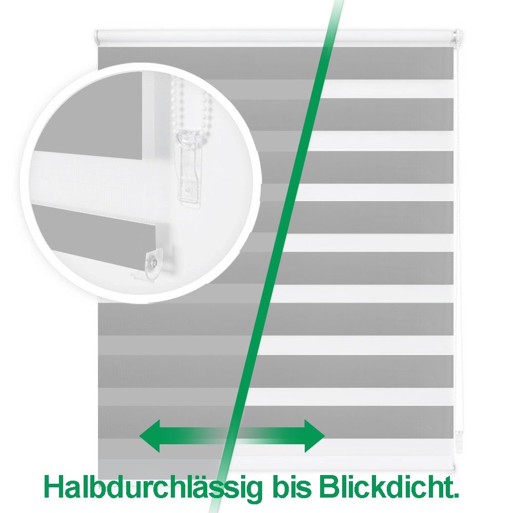 Doppelrollo Ohne Bohren, Grau/Grün/Grün-Grau-Weiß, OUBO, freihängend, verspannt, Klemmträger,klemmfix, Lichtschutz schnelle und einfache Montage mit beiliegendem