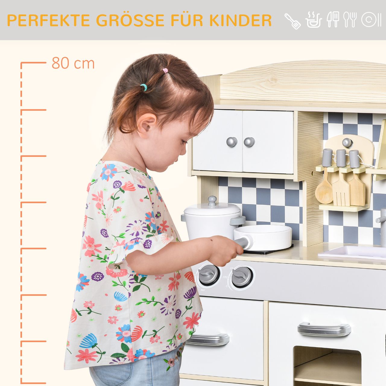 HOMCOM Kinderküche Spielküche aus Holz Küchenspielzeug mit Zubehör für 3–6 Jahre