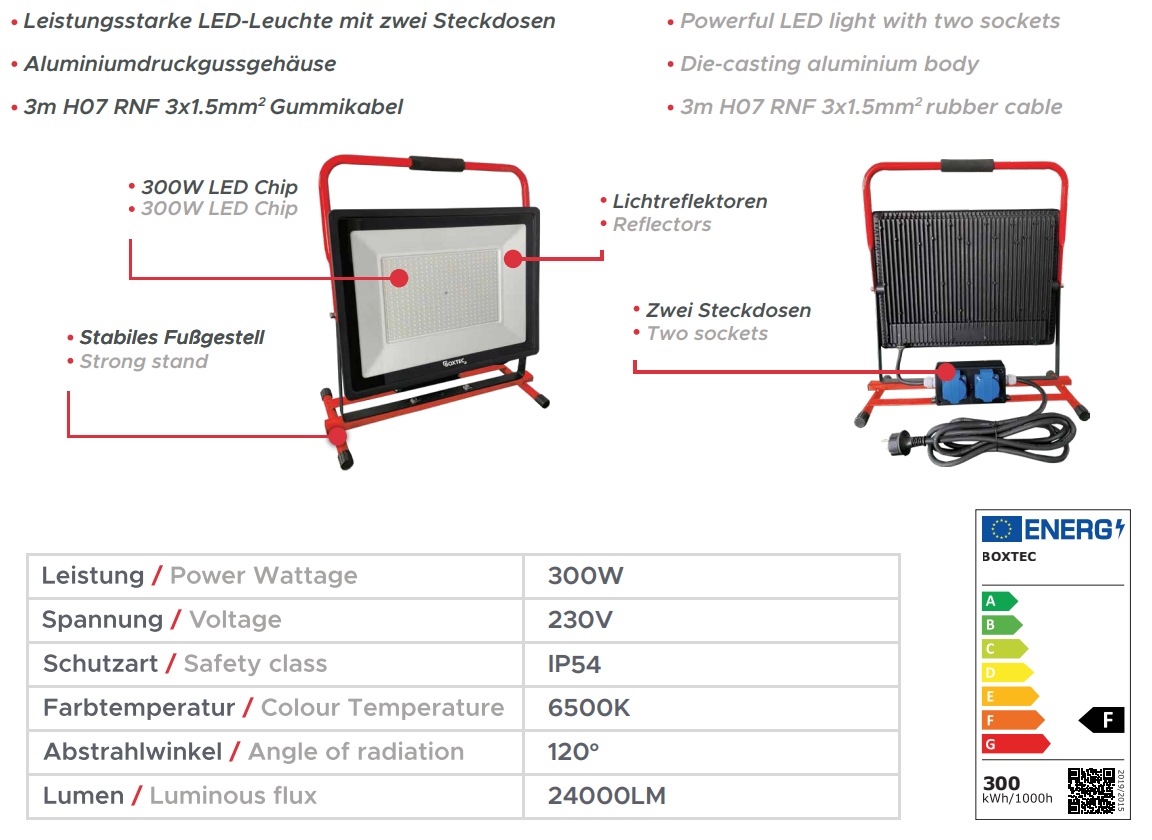 BOXTEC LED Arbeitsleuchte, Baustrahler, PRO-LINE FIXSTAND 300W, 24000lm, 6500K, IP54, 2 Steckdosen