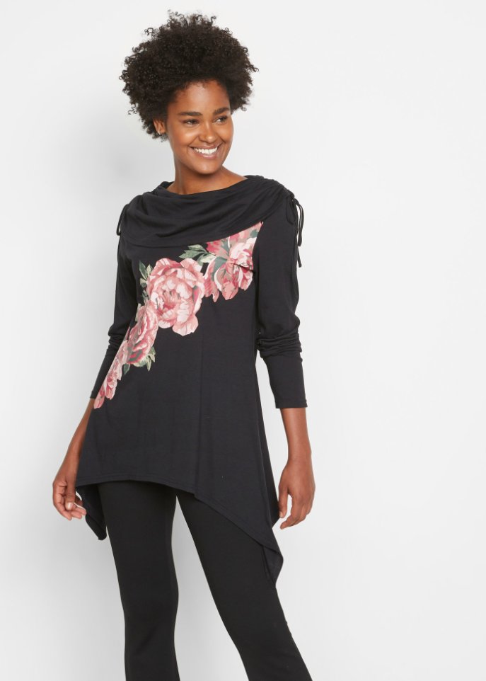 Shirt mit Zipfelsaum und Rosendruck