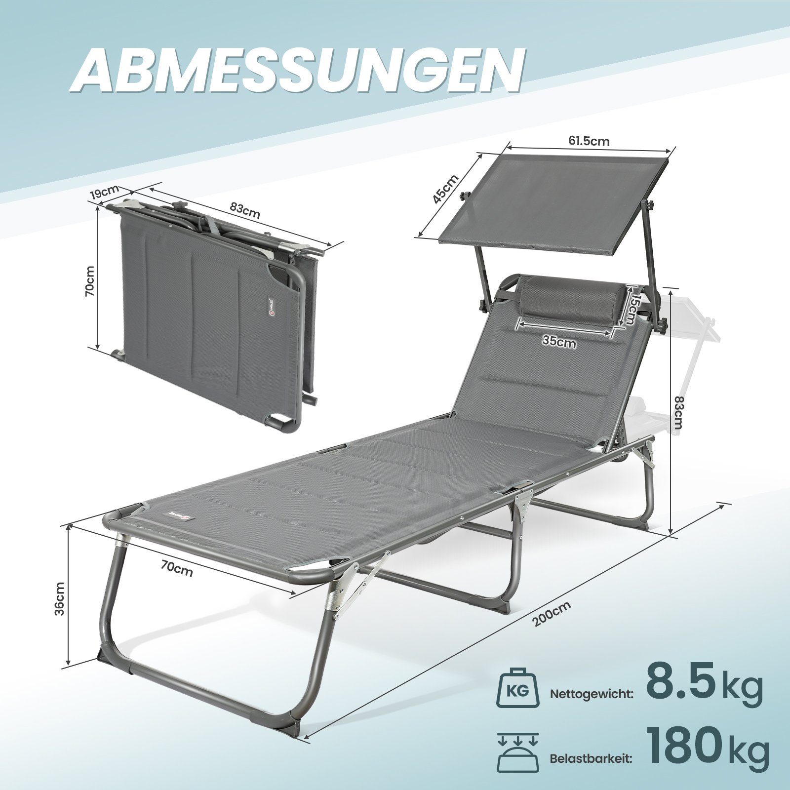 HOMECALL Gartenliege Sonnenliege AluLiege Liegestuhl Strandliege, klappbar, Textilene Mit Dickem Schwamm, Verstellbare Rückenlehne, Sonnenblende, Kopfpolster, bis 150KG