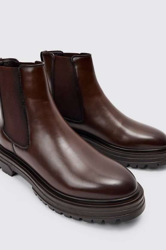 Braune PU Chelsea-Stiefel mit klobiger Sohle