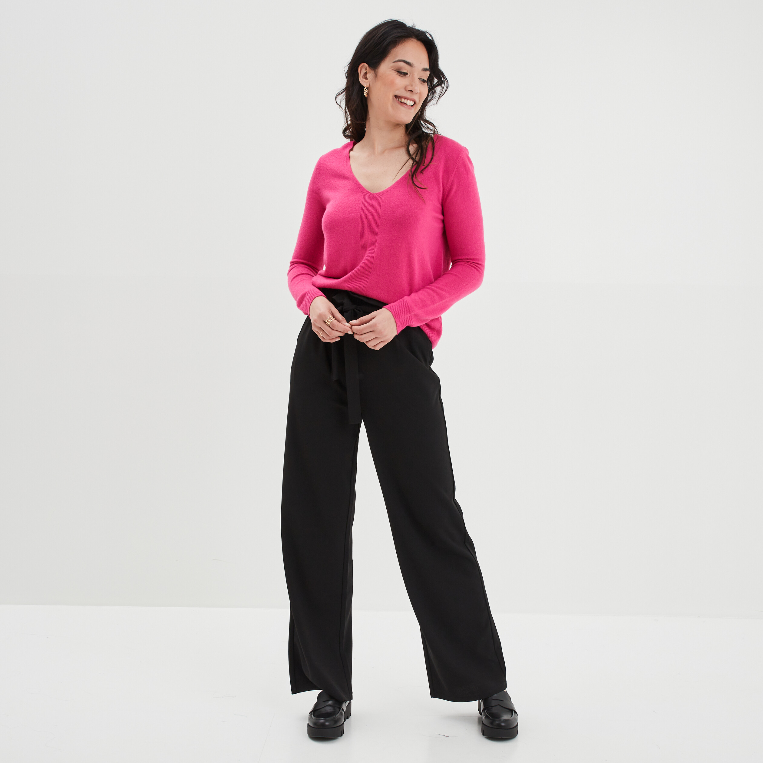 Pull col V manches longues rose fushia femme | La Halle