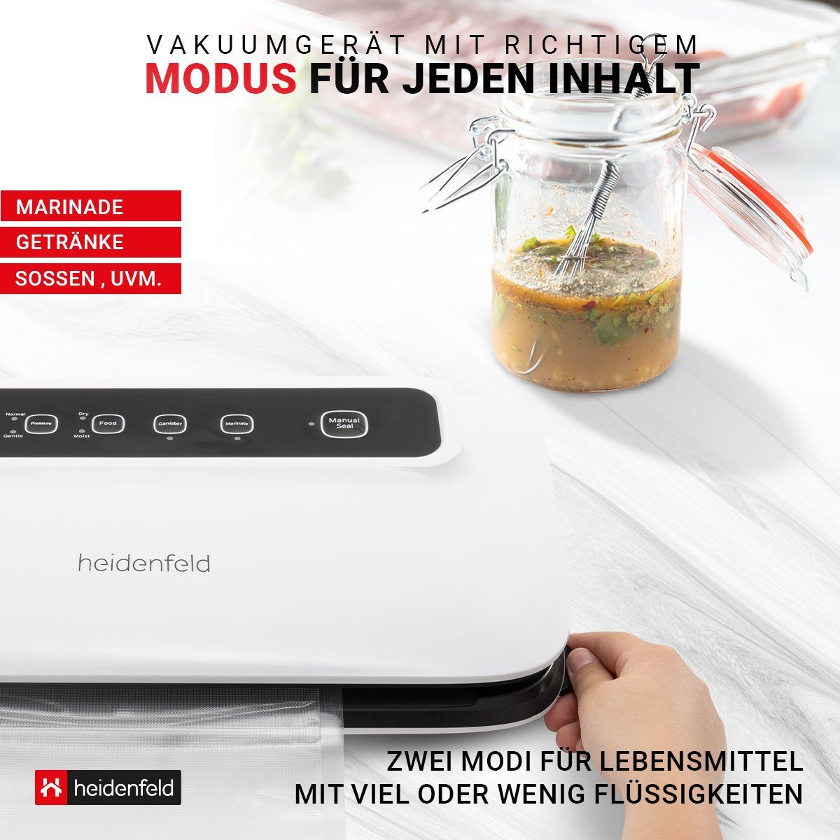Heidenfeld Vakuumierer Folienschweißgerät HF-VK100 inkl. 5 Folienbeutel, 30 cm Schweißbreite - 125 W Heizleistung - Vakuumierung - 0,8 bar