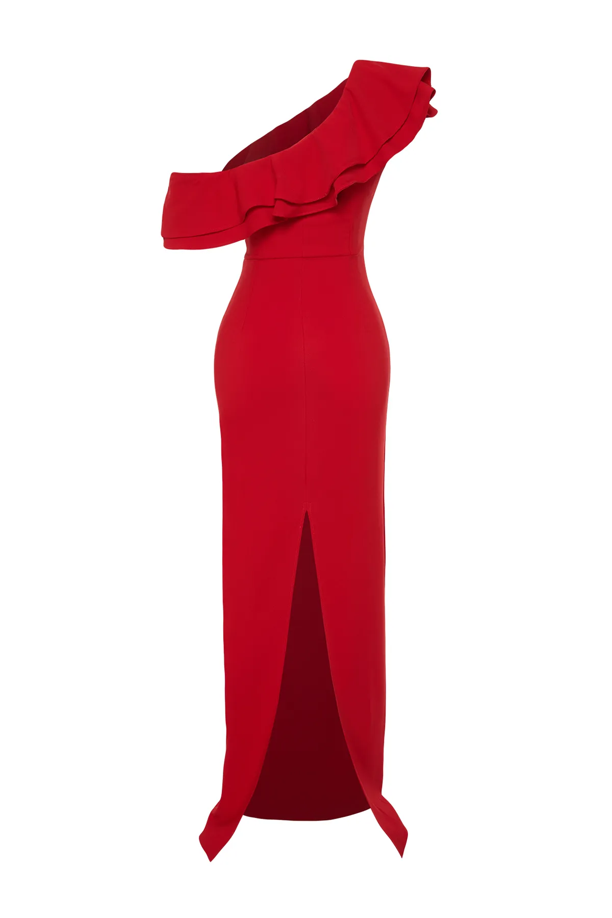 Trendyol Collection  Rotes Volant-detailliertes, gewebtes, elegantes Abendkleid TPRSS24AE00066