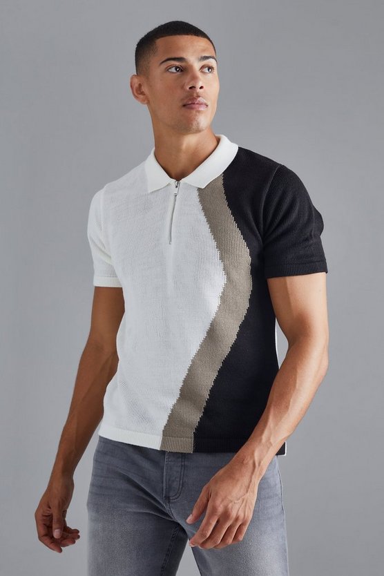 Jacquard Strick-Poloshirt mit halbem Reißverschluss