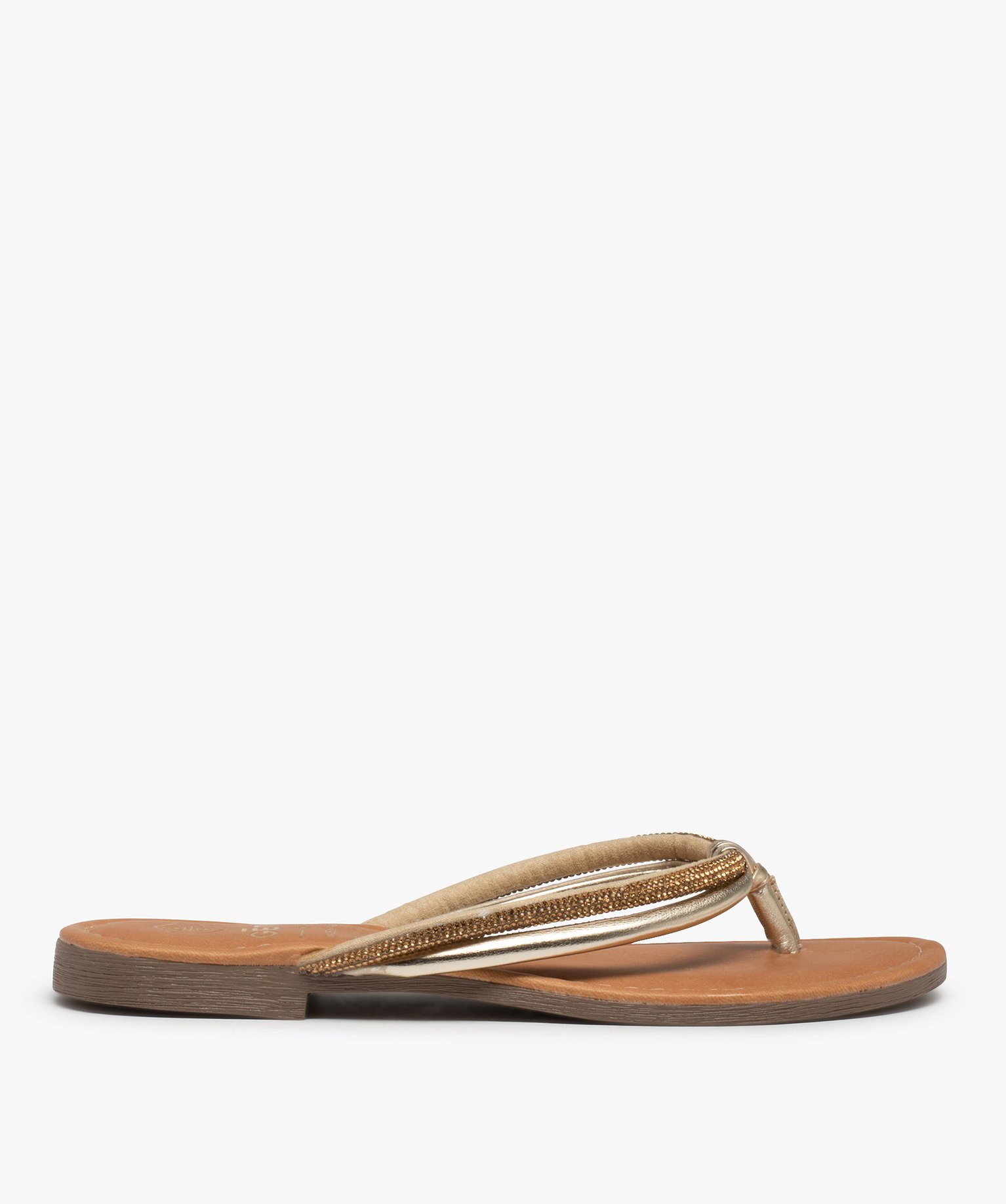 Tongs femme à talon plat et brides strass or | GEMO