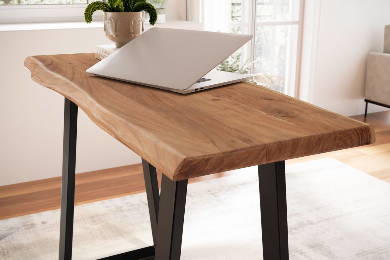 Wohnling Schreibtisch 118 cm Akazie Massivholz Bürotisch Laptoptisch Baumkante