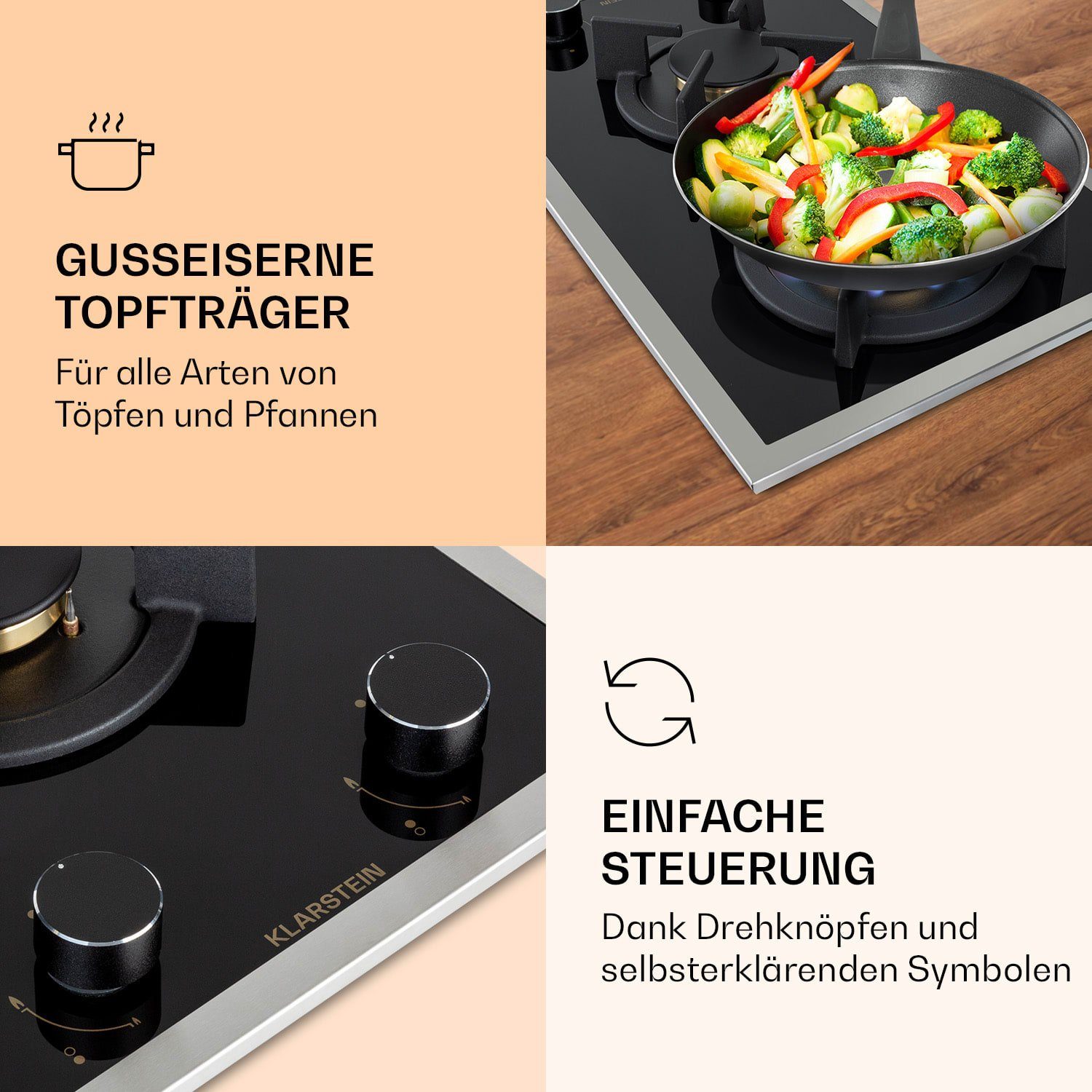 Klarstein Gas-Kochfeld Goldflame Domino Prime Gaskochfeld 2-flammig Messing-Brenner Glaskeramik CP11-Goldflame-D-Pr, Einbau Gas Kochfeld 2 Platten Herdplatte Kochplatte Einbaukochfeld
