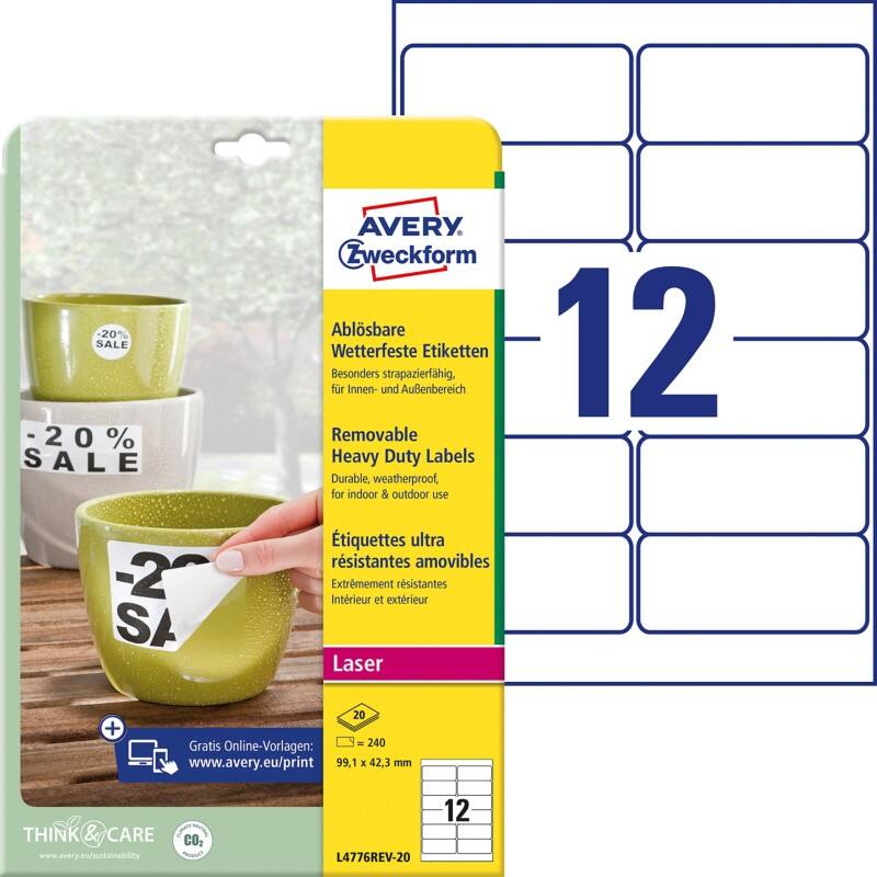 AVERY Zweckform L4776REV-20 Wetterfeste Etiketten DIN A4 Weiß 99,1 x 42,3 mm 20 Blatt à 12 Etiketten