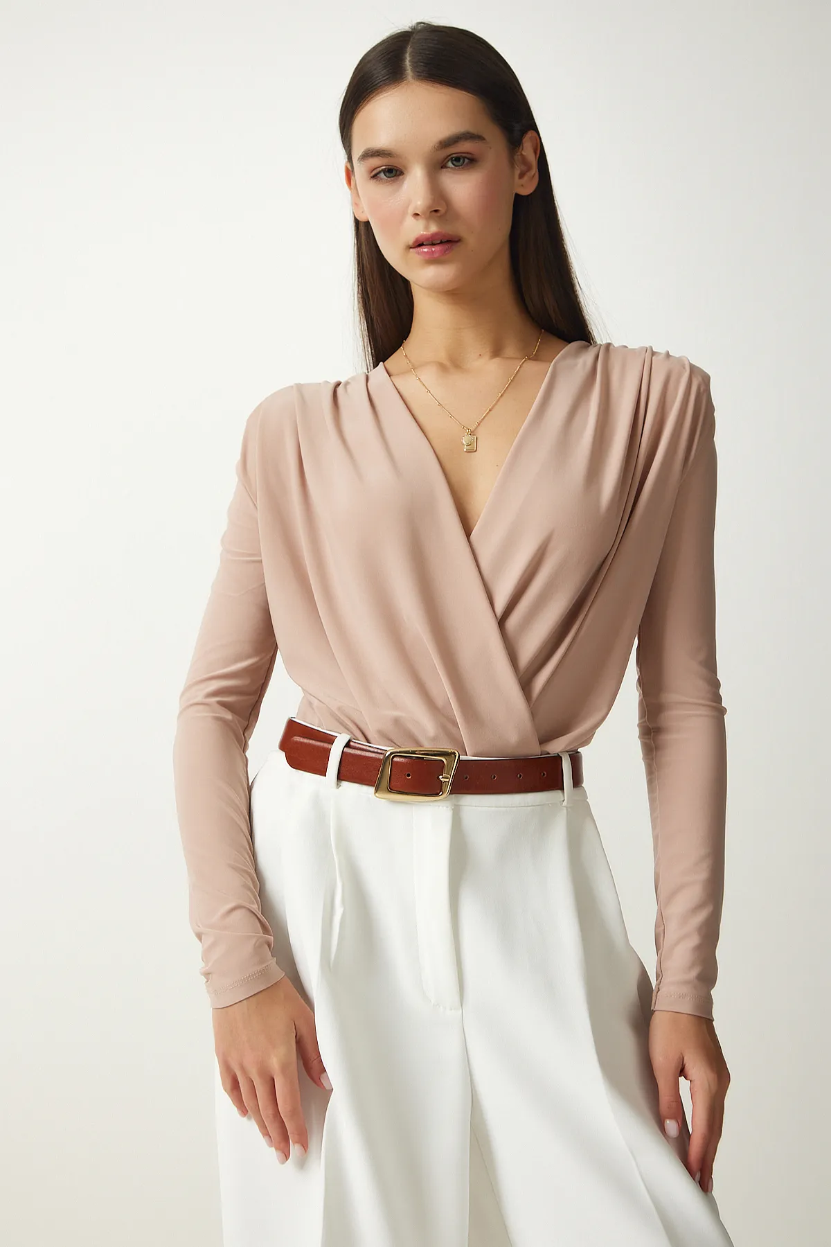 Happiness İstanbul  Damen-Strickbluse mit Wickelkragen in Beige, zum Anstecken, FF00147