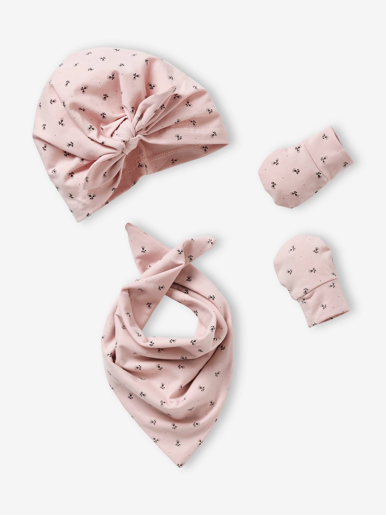 Ensemble bonnet + moufles + foulard + sac bébé fille en maille imprimée personnalisable bois de rose
