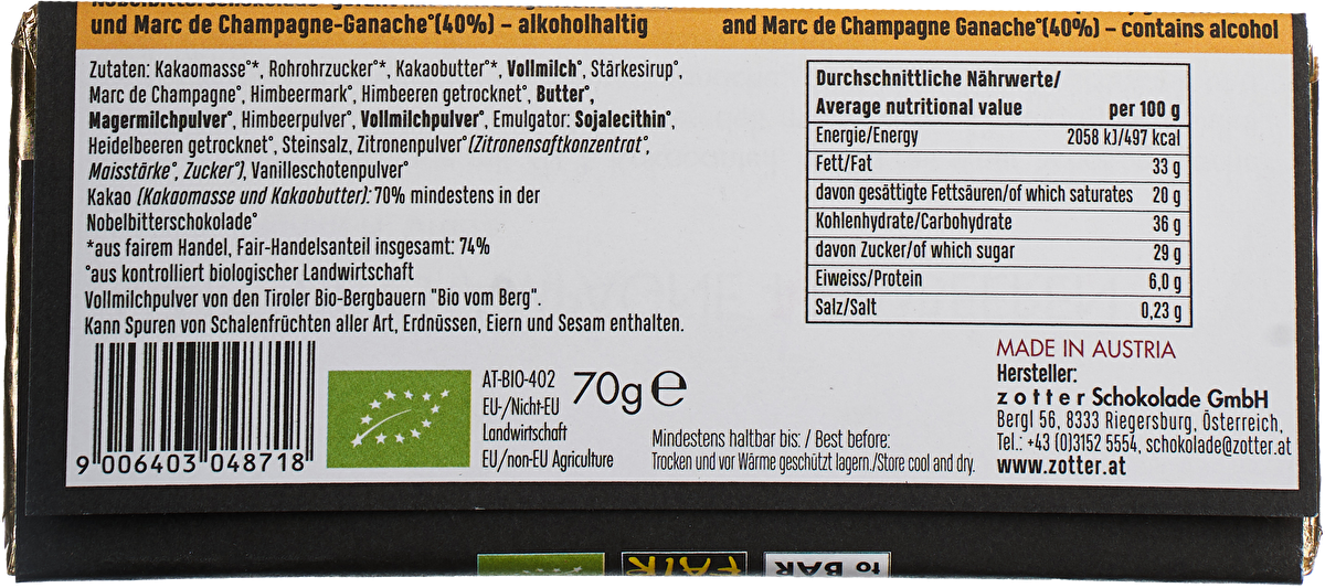 Zotter Marc de Champagne & Himbeeren 70g