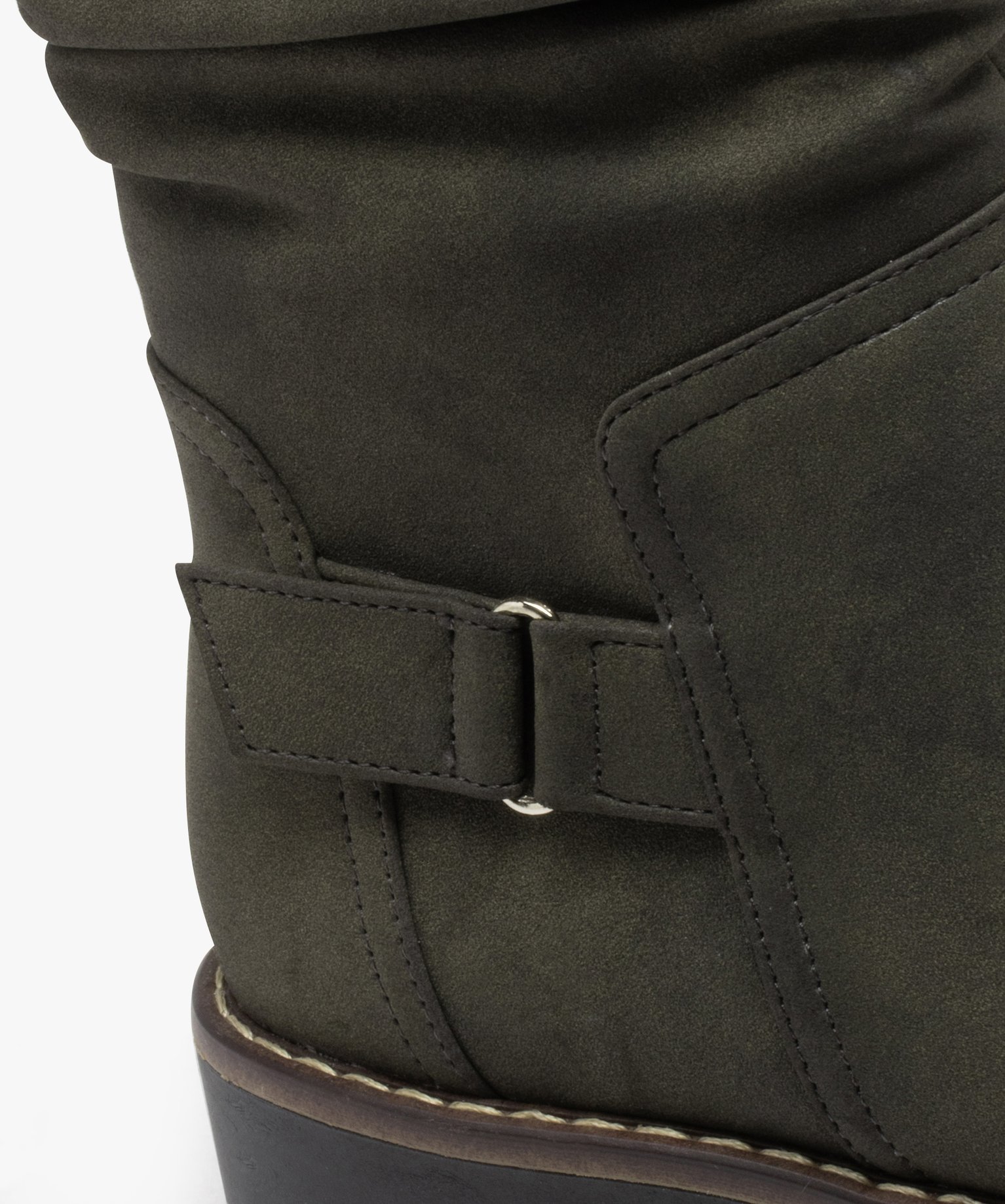 Boots femme à talon plat dessus uni avec col plissé kaki | GEMO