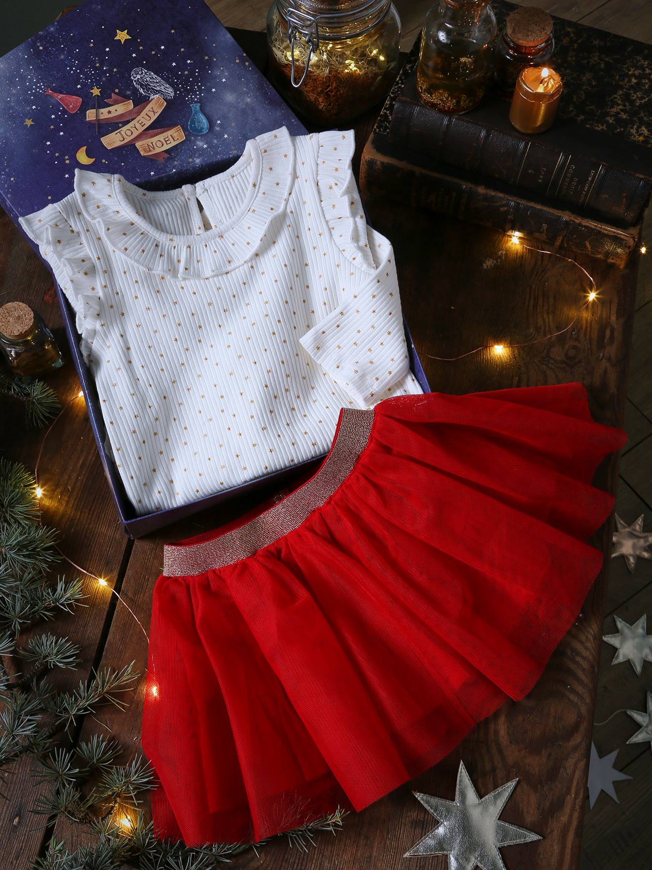 Coffret cadeau de Noël T-shirt étoiles et jupe en tulle bébé ivoire imprimé