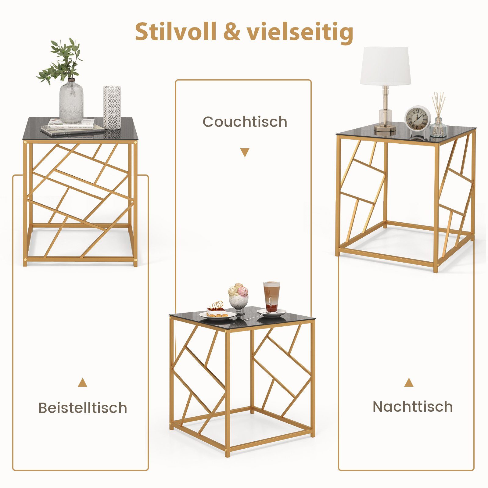 COSTWAY Beistelltisch, mit gehärteter Glasplatte & Metallrahmen, 50x50x55cm