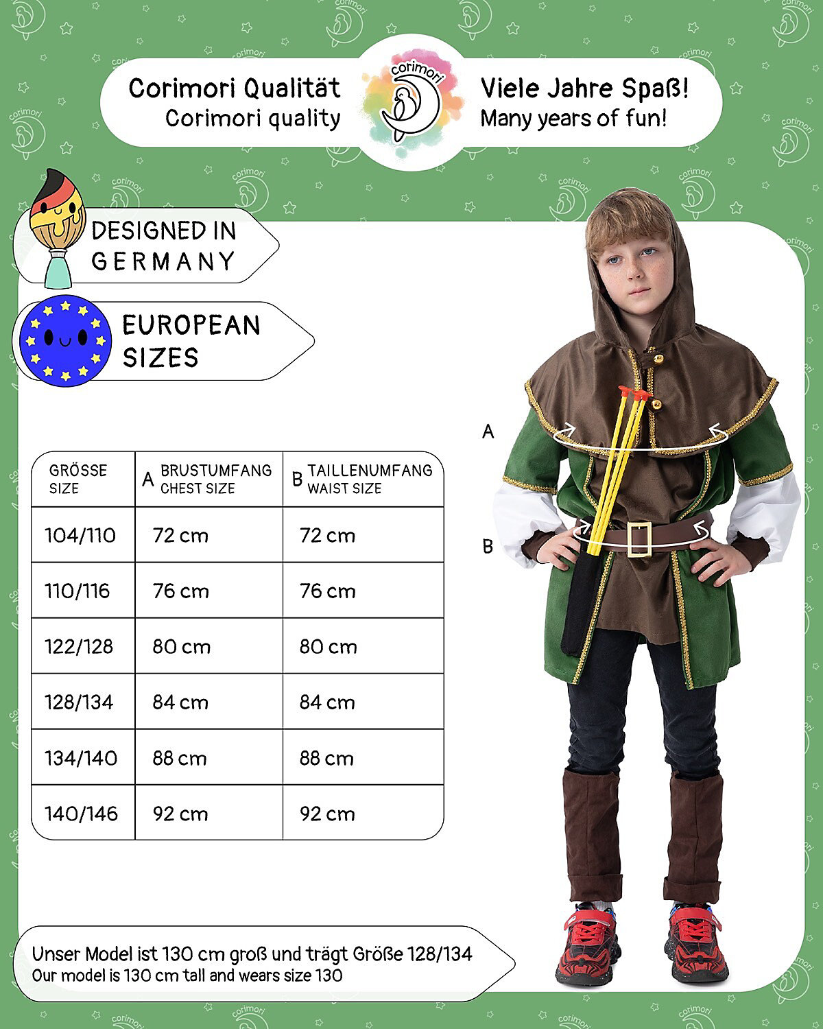 Robin Hood Kostüm Set mit Bogen, Verkleidung für Kinder zu Fasching, cooles Karnevalskostüm, braun/grün