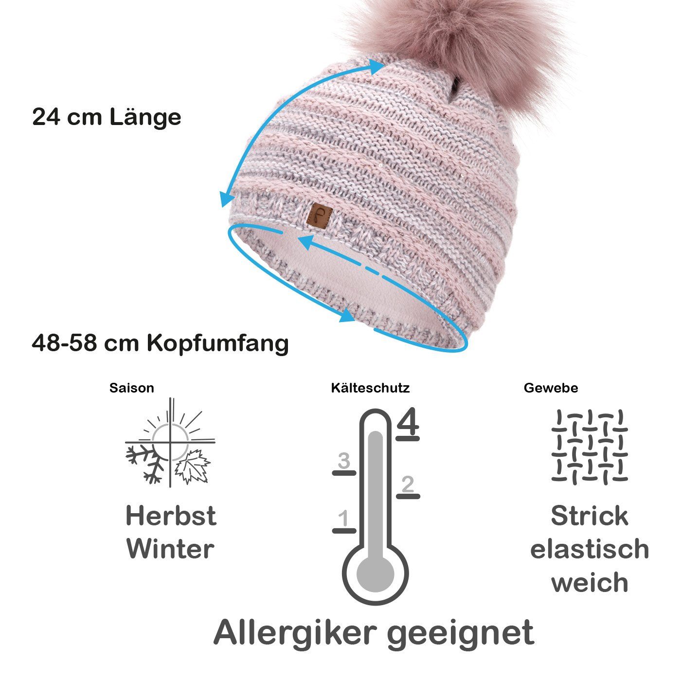 Faera Bommelmütze Wintermütze Damen Bommelmütze Mütze Beanie Haube gefüttert Strickmütze
