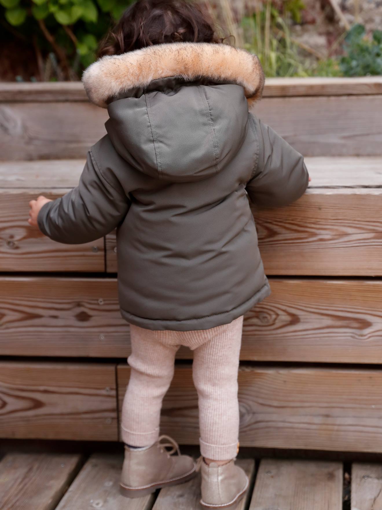 Vertbaudet Wendbare Baby Jacke mit Kapuze, Wattierung Recycling-Polyester - khaki