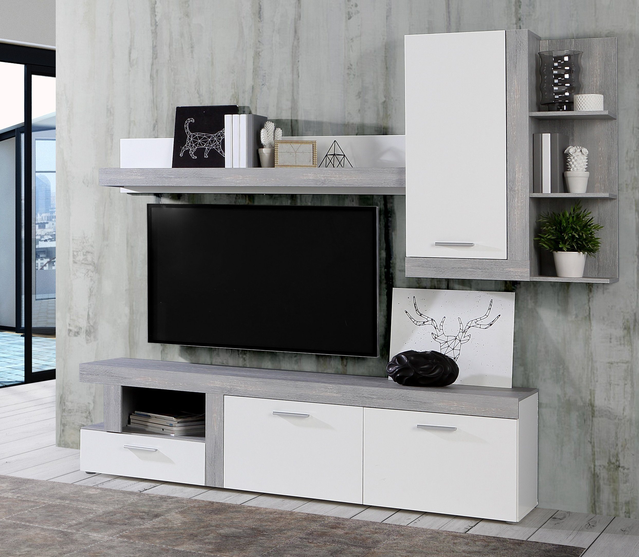 Newroom Wohnwand Eileen, Wohnwand Nordisch Eiche grau und Weiß Skandi Modern Anbauwand