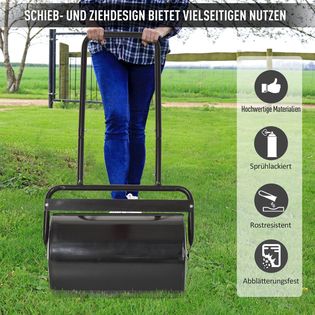 Outsunny Rasenwalze mit U-Griff Gartenwalze, 32 cm Durchmesser 38 L Wasser-/62 kg Sand Metall Schwarz