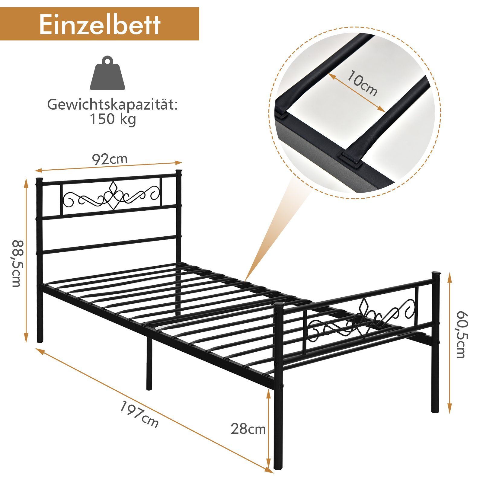 COSTWAY Bettgestell, mit Lattenrost, 150kg belastbar, Metall schwarz