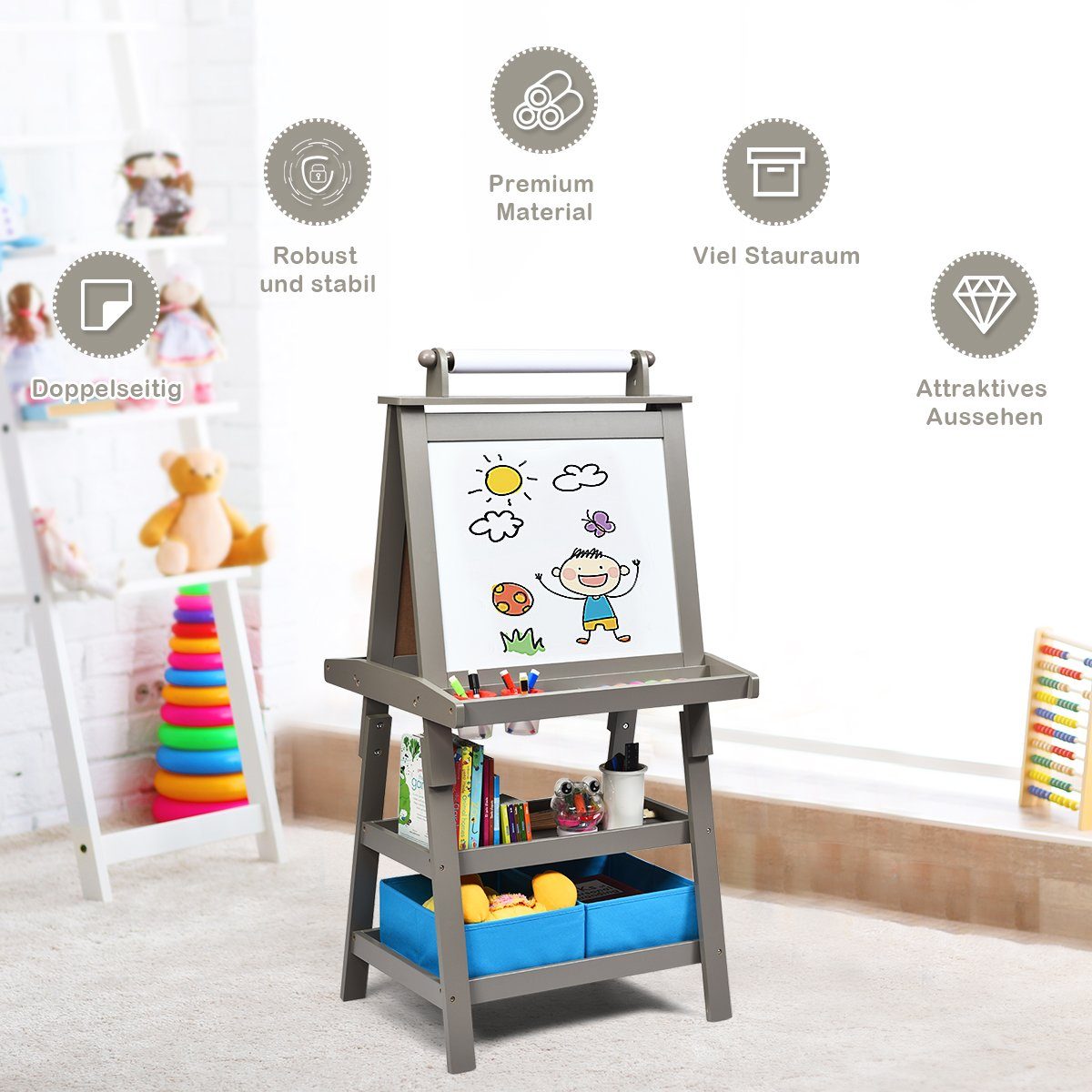 COSTWAY Standtafel Kinder Staffelei, doppelseitig, mit Magneten & 2 Boxen