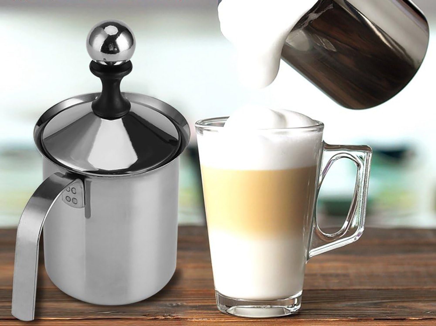 ZanMax Milchaufschäumer Manueller Milchaufschäumer, 400 ml/ 800 ml, Edelstahl mit Doppelsieb