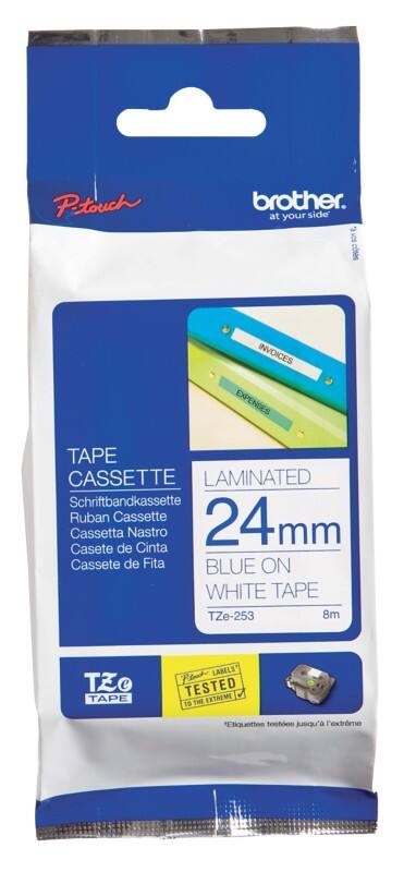 Brother TZe-253 Authentic Schriftband Selbstklebend Blauer Druck auf Weiß 24 mm x 8m