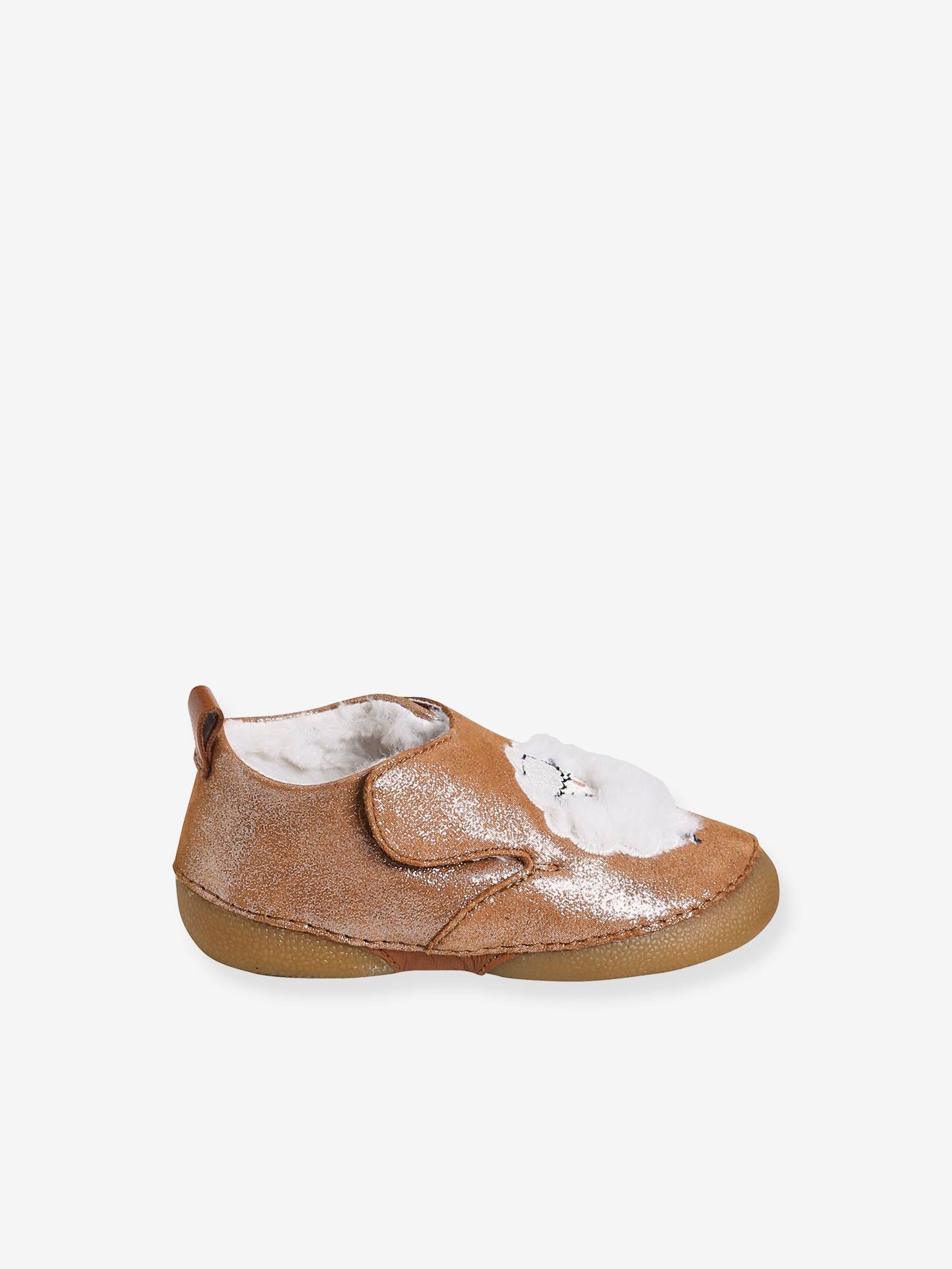 Chaussons fourrés bébé fille en cuir souple camel pailleté