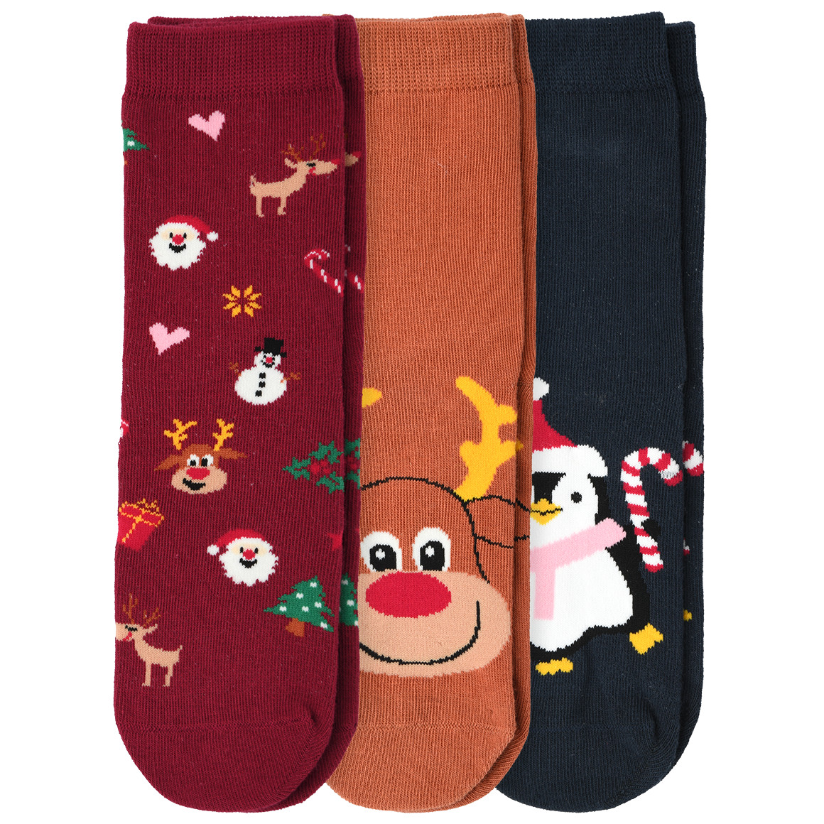3 Paar Kinder Weihnachtssocken im Set hellbraun / dunkelrot / dunkelblau