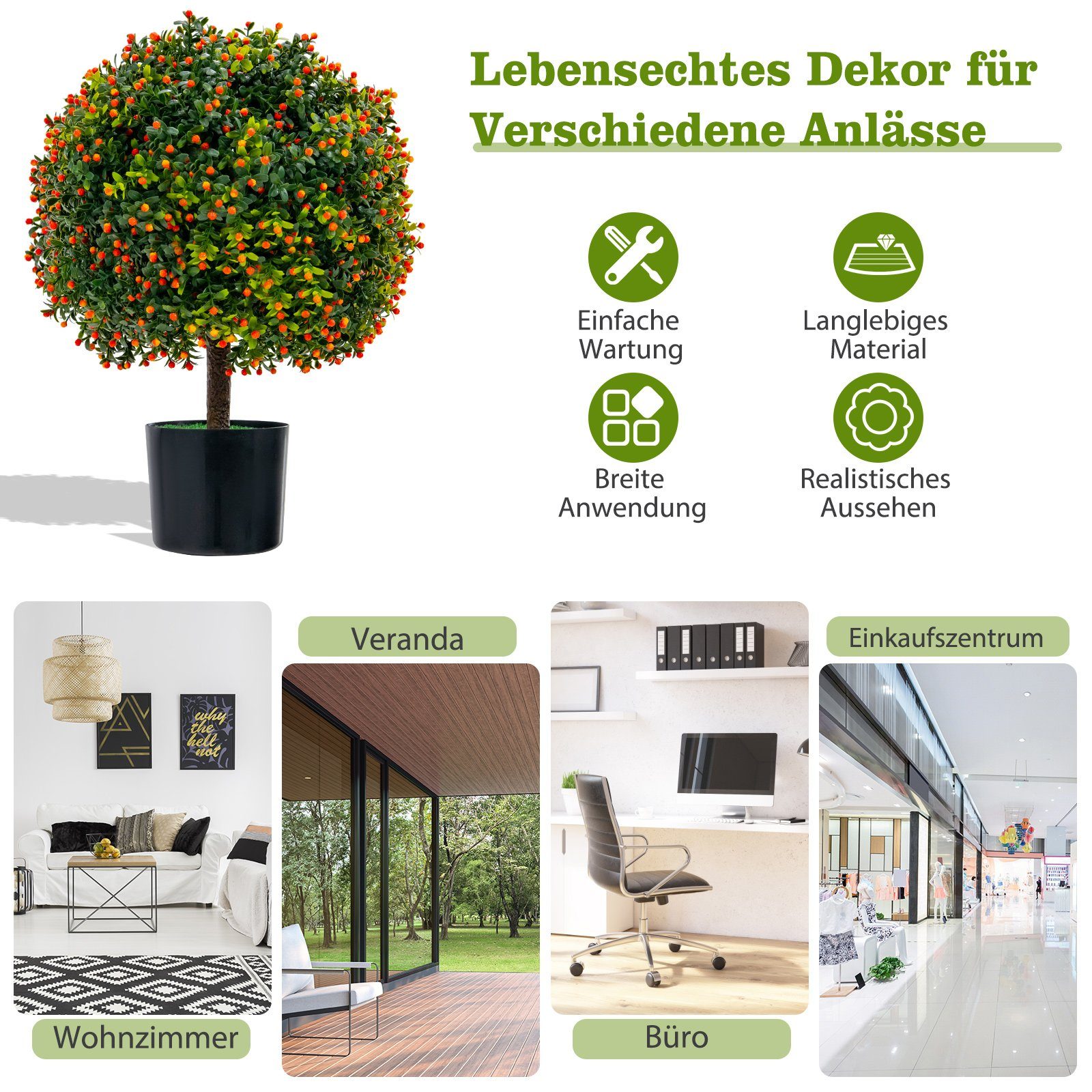 Kunstpflanze Buchsbaum, COSTWAY, Höhe 55 cm, 2er Set, mit Früchten & Topf