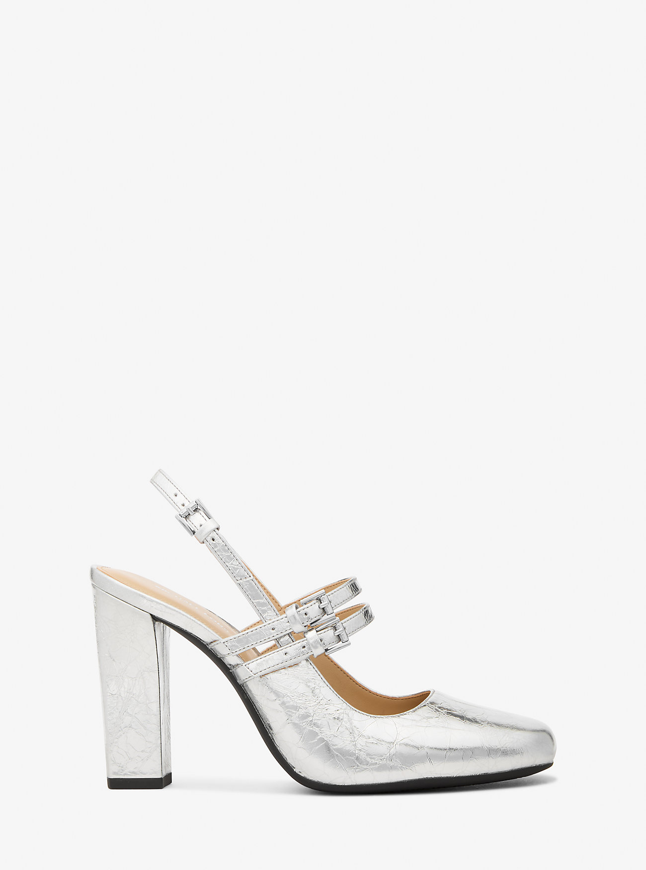Matilda krakelerte metalliske slingback-pumps i skinn – SØLV
