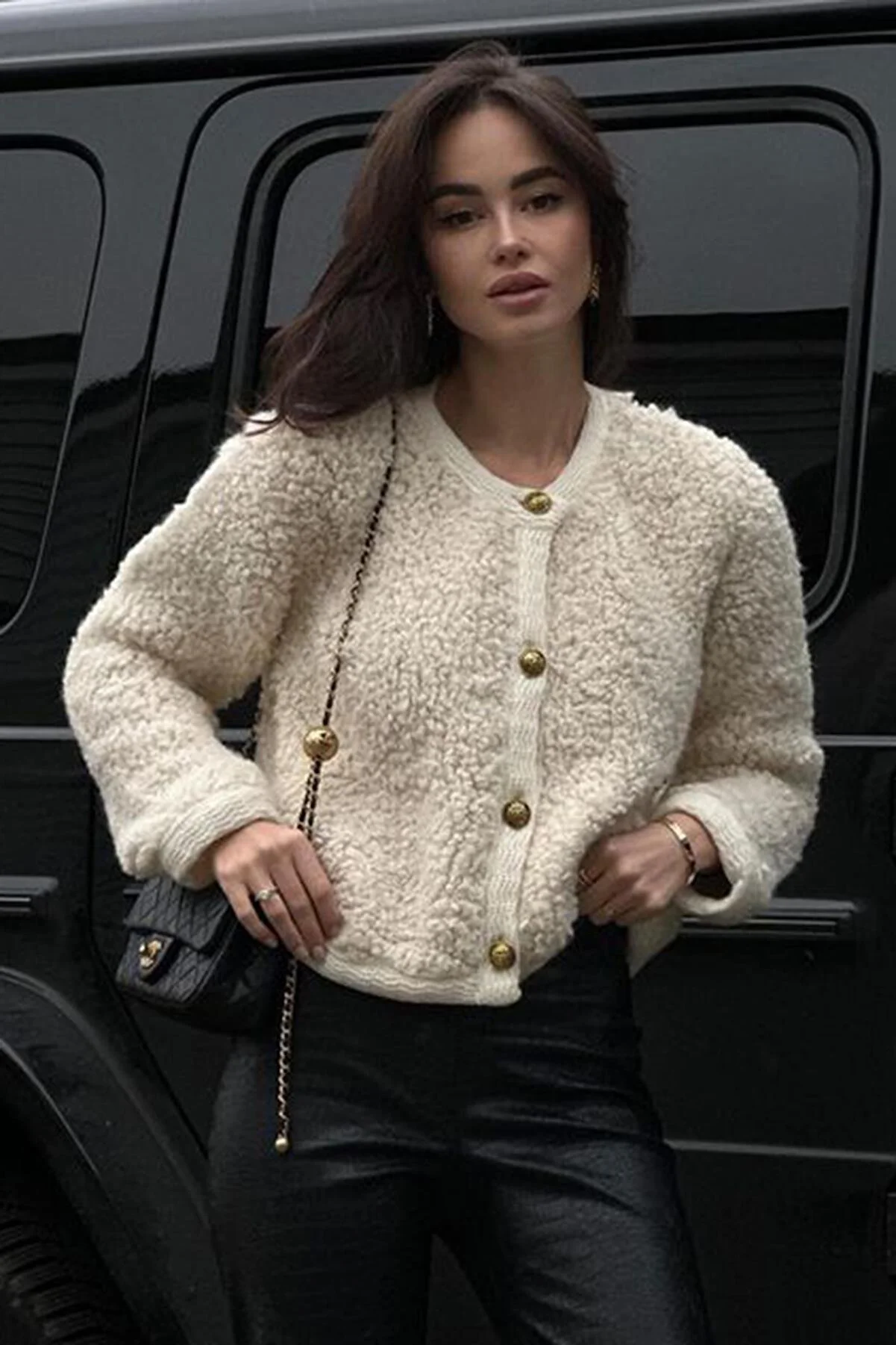 Madmext  Beige geknöpfte Bouclé-Strickjacke MG1949