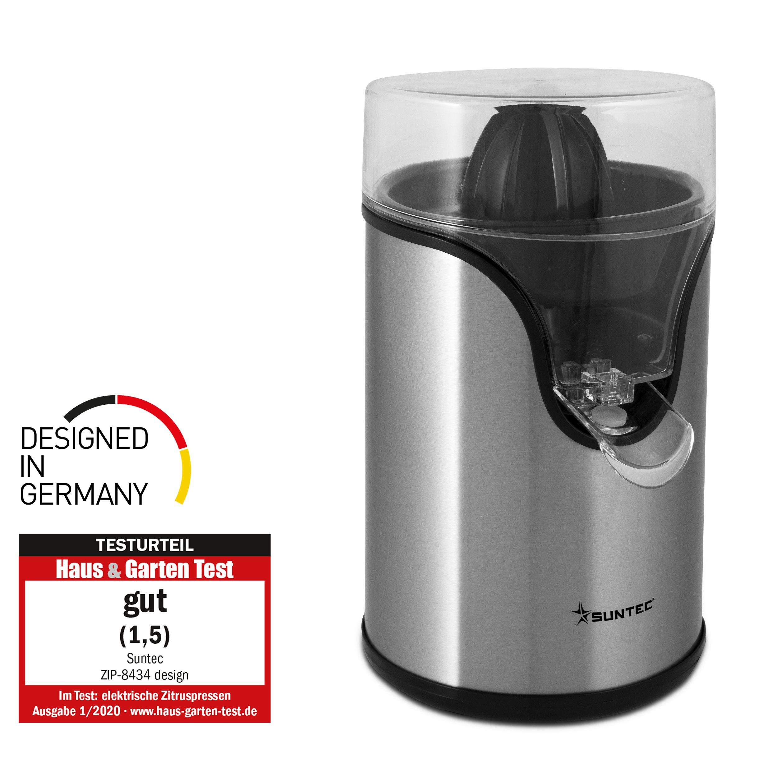 Suntec Wellness Zitruspresse ZIP-8434 design, 100,00 W, Elektrischer Entsafter mit 2 Presskugeln, Saftpresse aus Edelstahl