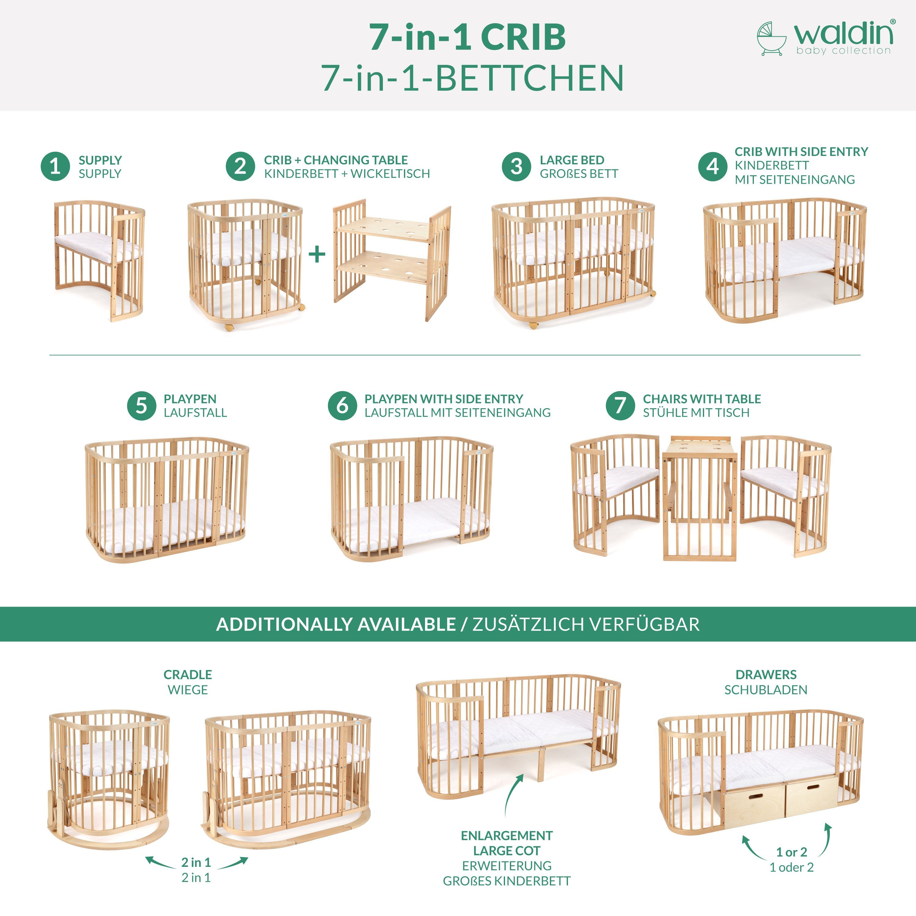 Waldin Beistellbett Mobiles Babybett aus Holz 7in1 mit Matratze, mitwachsend