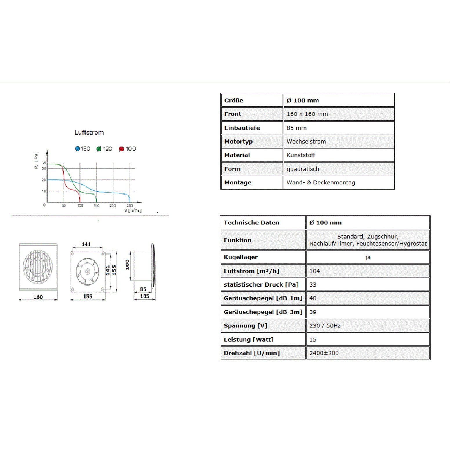 VONLIS Wandventilator Lüfter Badlüfter Badventilator Wohnraumlüfter Badezimmer Ø 100 mm weiß, Kippschalter