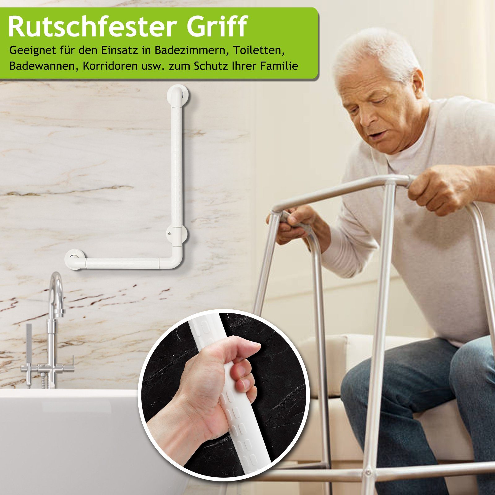 Gimisgu Haltegriff Badewannengriff Edelstahl Rutschfester L-FöRmiger Fluoreszierender, belastbar bis 200 kg, Wandmontage Schlafzimmer Treppengeländer 60*40cm Weiß