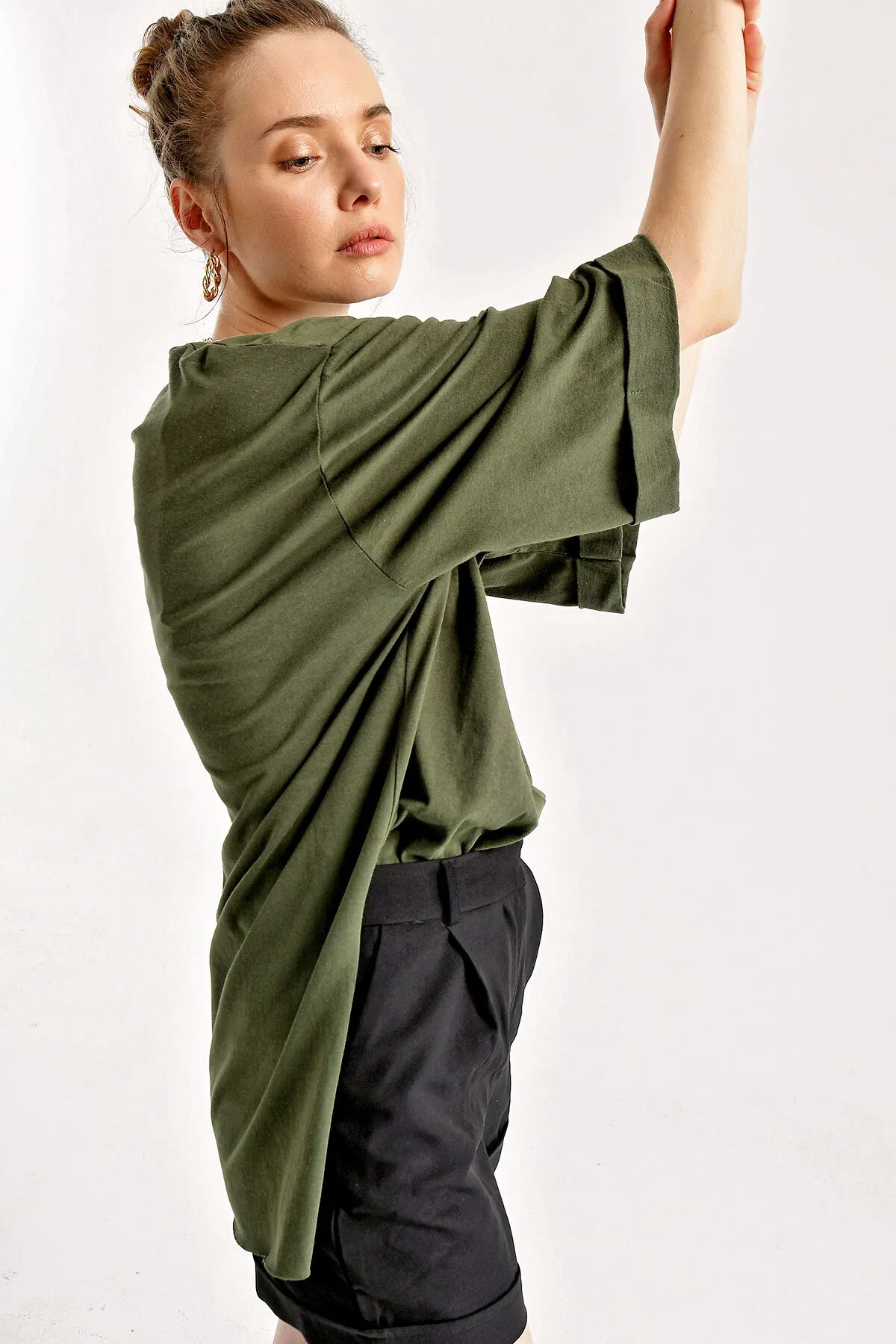 Bigdart  4123 Übergroßes T-Shirt mit Schlitz – Khaki