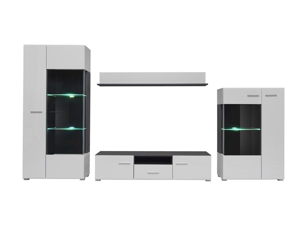 Stylefy Wohnwand Irvine, (Wohnmöbel, Wohnzimmer-Set, Set (4-St), bestehend aus 2xStandvitrine, 1xLowboard, 1xWandboard, inkl. LED-Beleuchtung, mit Glaseinsatz,variabel stellbar und hängbar, Hochglanzfronten