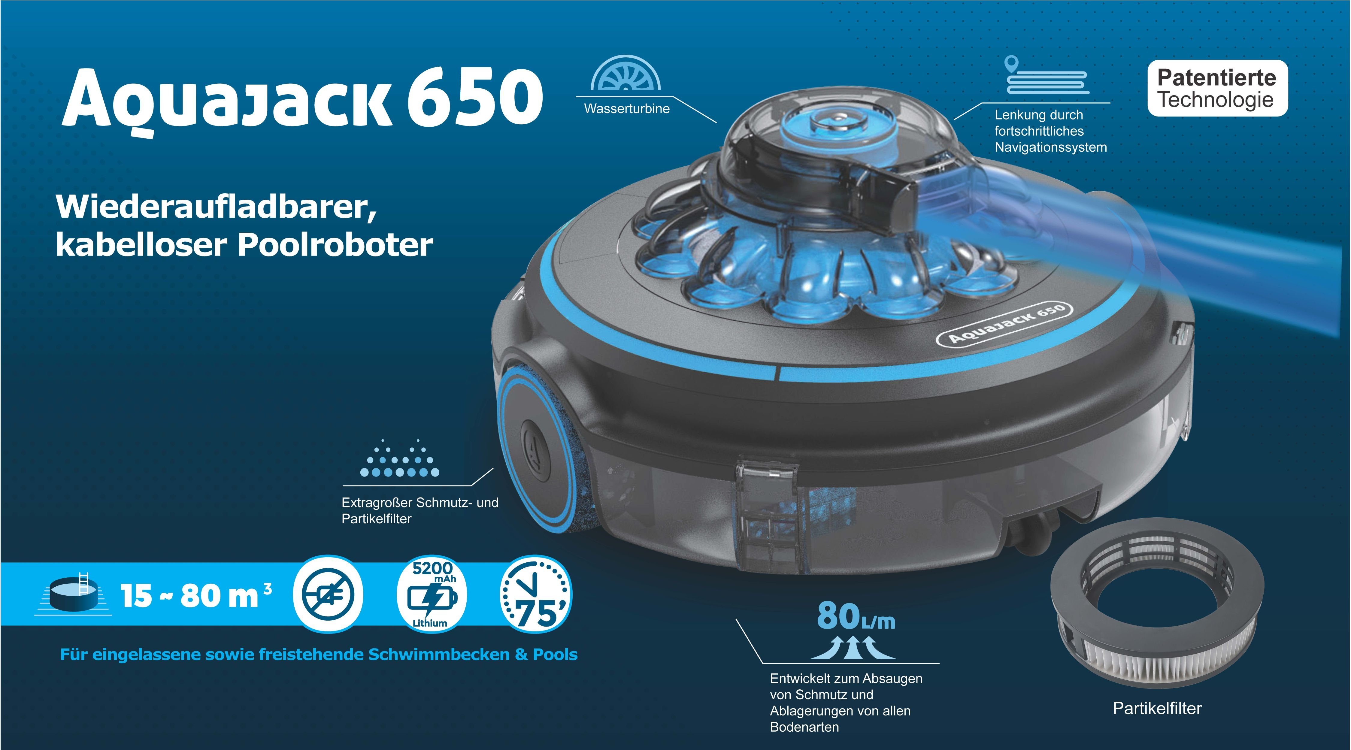 HC Garten & Freizeit Poolroboter Aquajack 650 Poolroboter, (OVP), automatische Reinigung, kabellos, inkl. Akku und Ladegerät