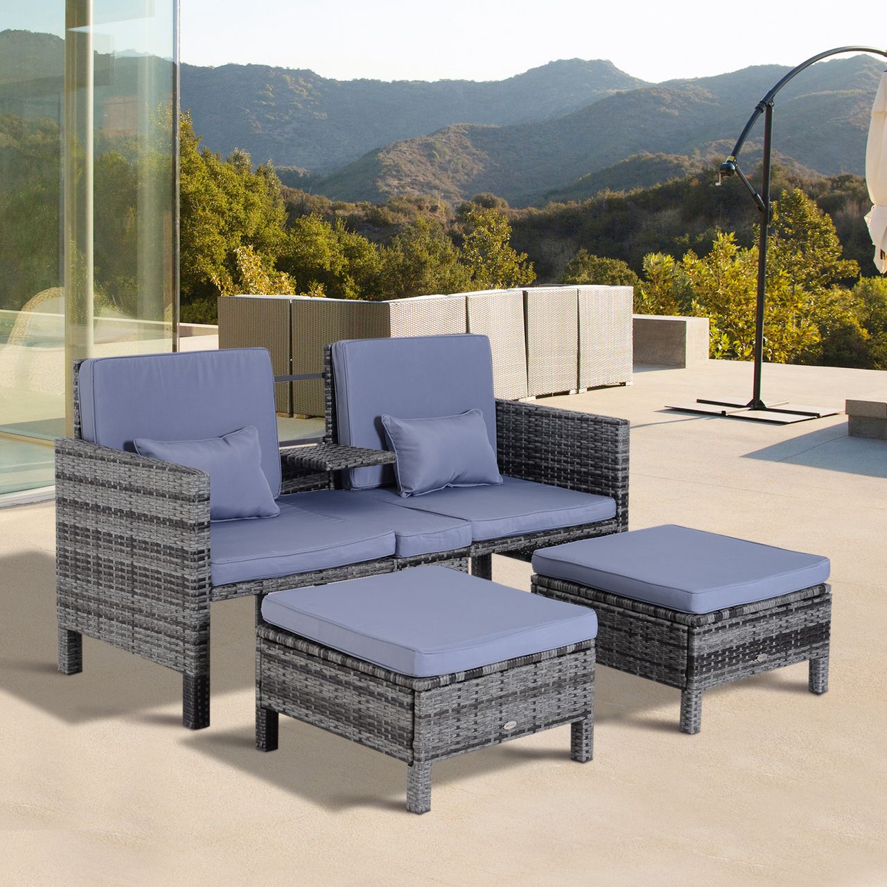 Outsunny 3-tlg. Sitzgruppe Rattanmöbel 2er-Sofa inkl. 2 Hocker & Kissen grau