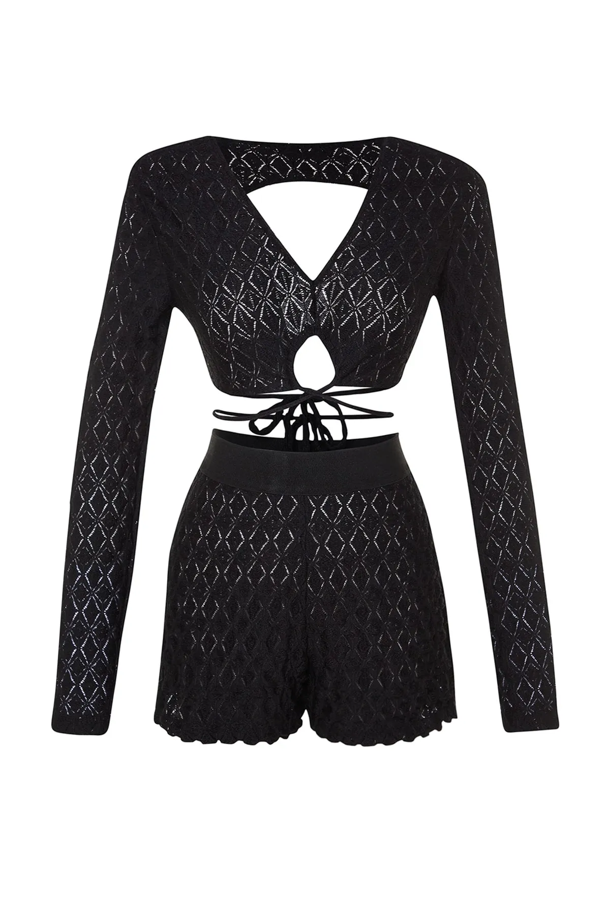 Trendyol Collection  Schwarzes Strick-Set mit Bluse und Shorts zum Binden TBESS23AU00106