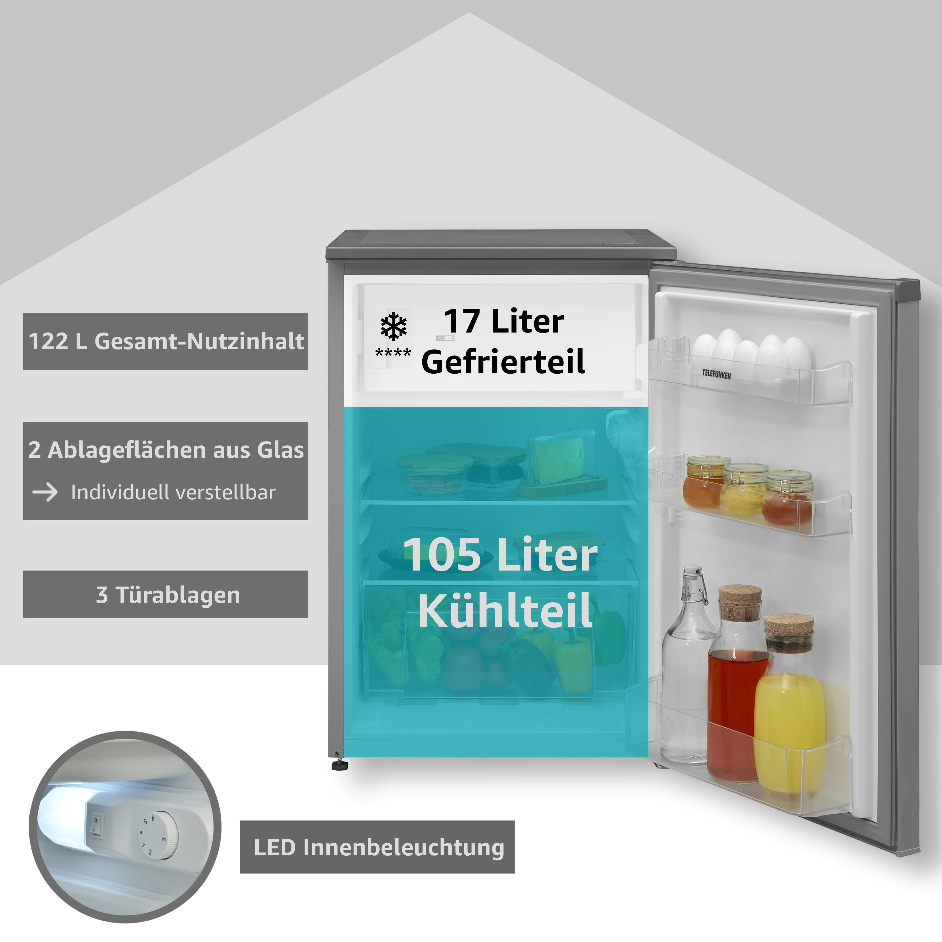 Telefunken Kühlschrank CF-35-130-S, 83.8 cm hoch, 54 cm breit, Mit 4-Sterne-Gefrierfach / 105 L Kühlteil / 17 L Gefrierteil