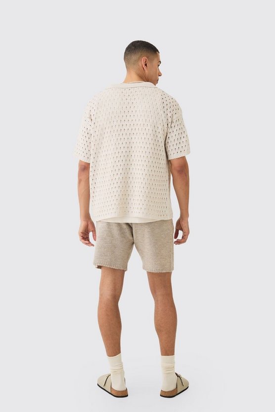 Kastiges gestreiftes Oversize Strick-Hemd in Ecru