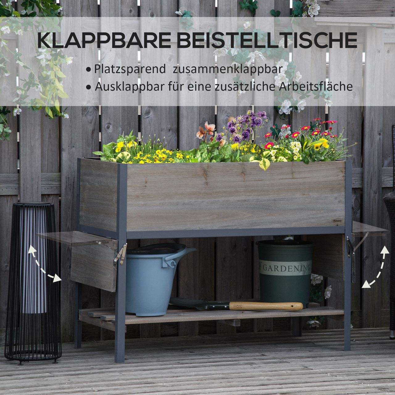 Outsunny Hochbeet Pflanzkasten mit 2 faltbaren Ablagen Blumenkasten Massivholz