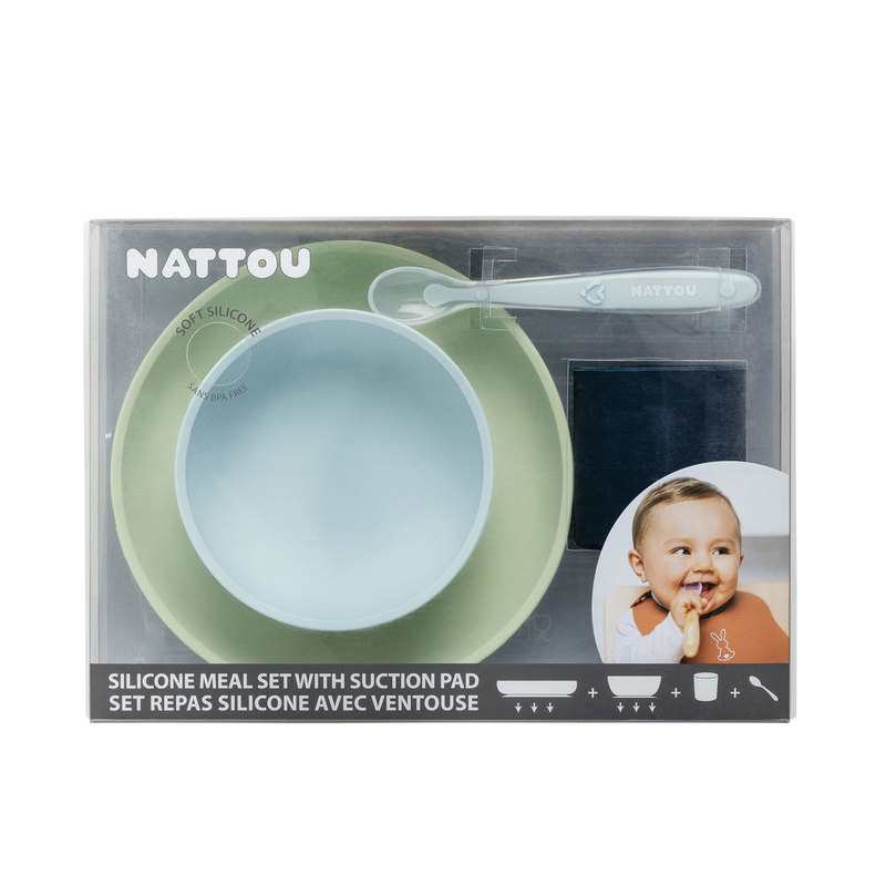 Coffret repas 4 pièces en silicone bleu et vert Nattou