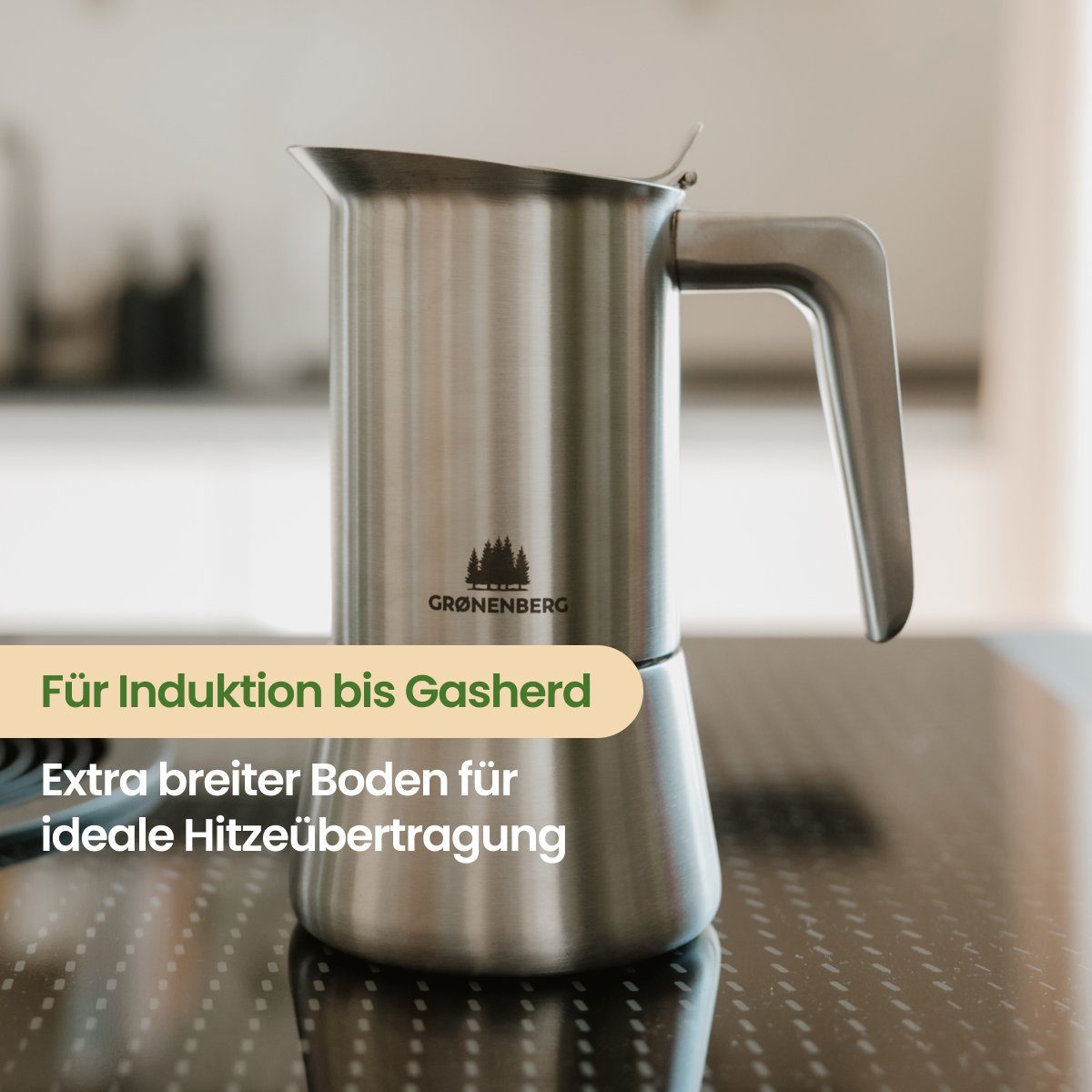 GRØNENBERG Espressokocher Edelstahl, Induktion geeignet, 6 Tassen, 0.3l Kaffeekanne, Inkl. Ersatzdichtung, Espressokanne frei von Aluminium & unbeschichtet