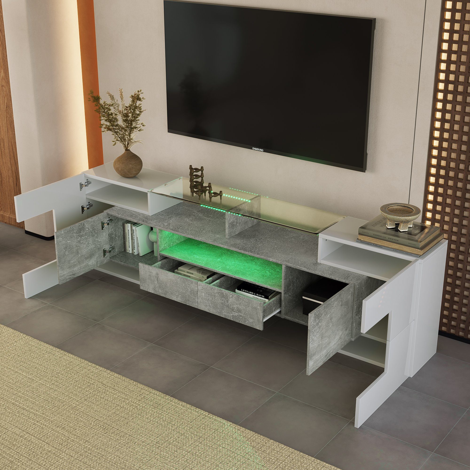 OKWISH TV-Schrank Lowboard TV Schrank (1-St., Weiß+Grau, 200 cm) LED-Beleuchtung, Wohnzimmermöbel. modernes Design